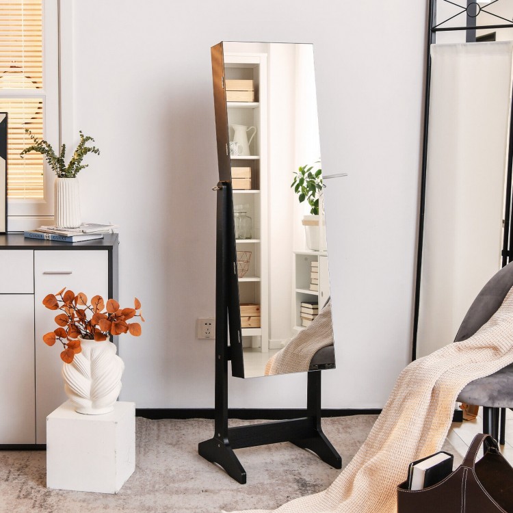 Freestanding jewelry cabinet in black with full-length mirror, ample storage, and auto on LED lights for convenience.