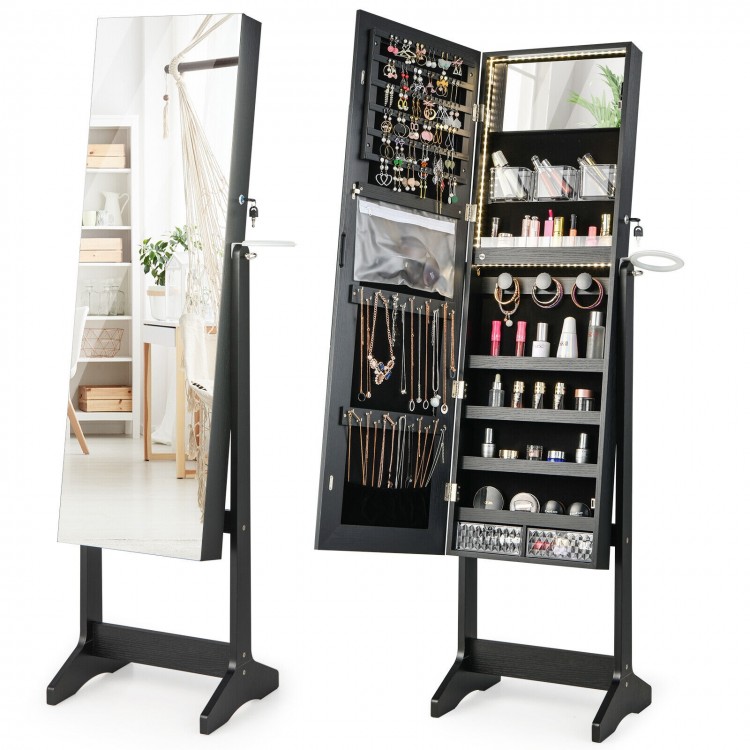 Freestanding black jewelry cabinet with full-length mirror, LED lights, and ample storage for accessories and jewelry.
