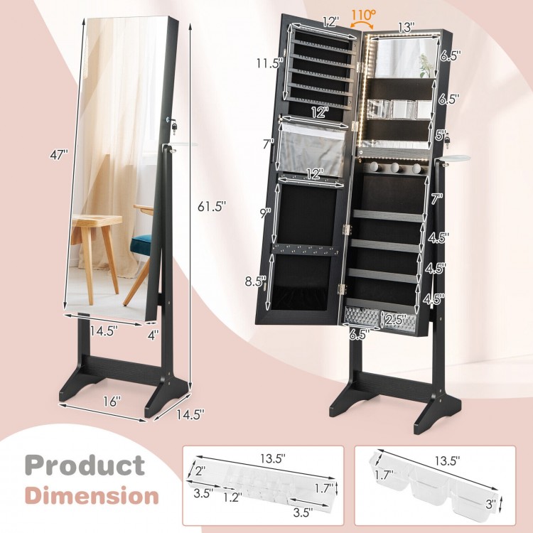 Freestanding black jewelry cabinet with full-length mirror, multiple storage partitions, and LED lights for convenience.