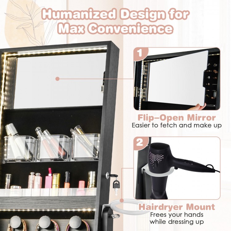 Freestanding black jewelry cabinet with full-length mirror, LED lights, and hairdryer mount for convenient storage.