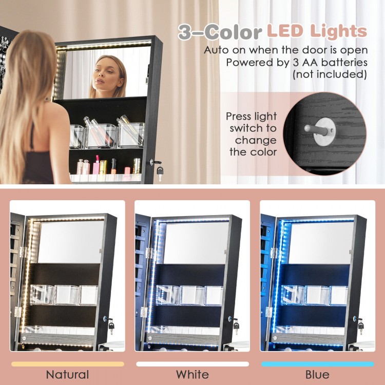 Freestanding black jewelry cabinet with full-length mirror, auto on LED lights, and ample storage for accessories.