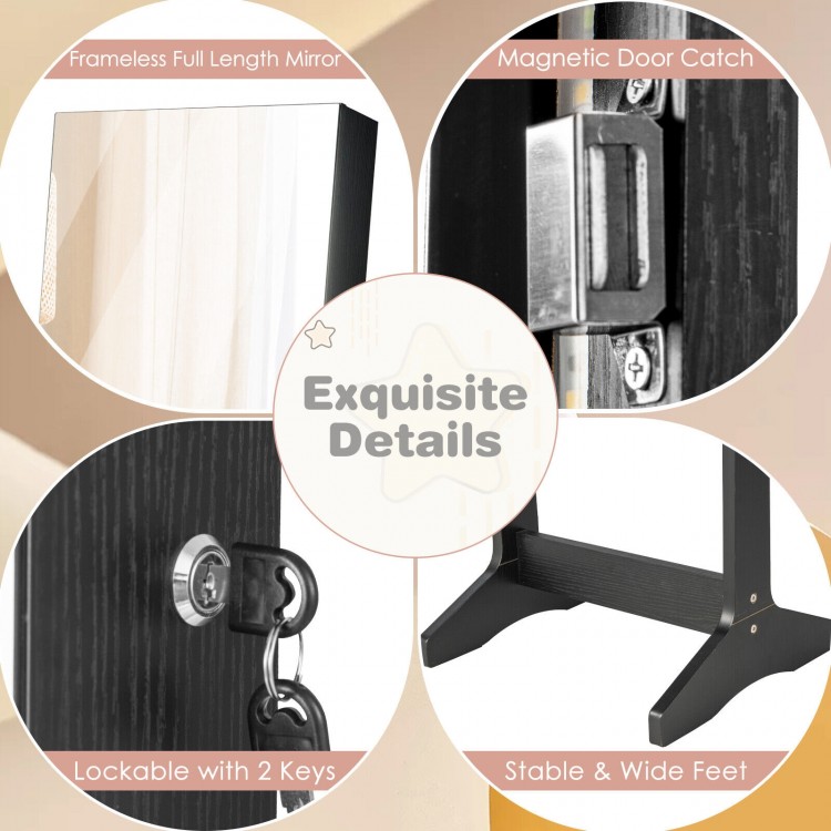Freestanding jewelry cabinet in black featuring a full-length mirror, lockable door, and stable MDF construction.