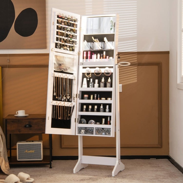 Freestanding jewelry cabinet in white with full-length mirror, LED lights, and ample storage for accessories.