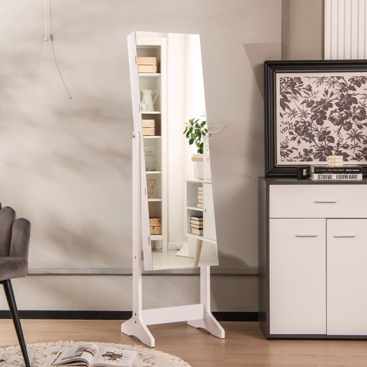 Freestanding jewelry cabinet in white featuring a full-length mirror, adjustable LED lights, and a lockable door for.