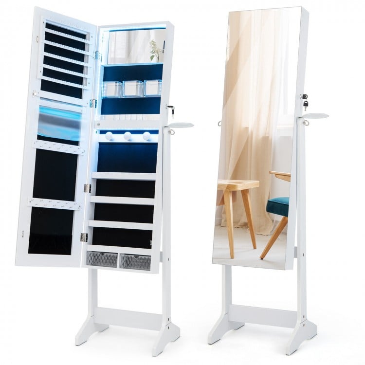 Freestanding jewelry cabinet in white showcasing a full-length mirror, adjustable LED lights, and magnetic door stopper.