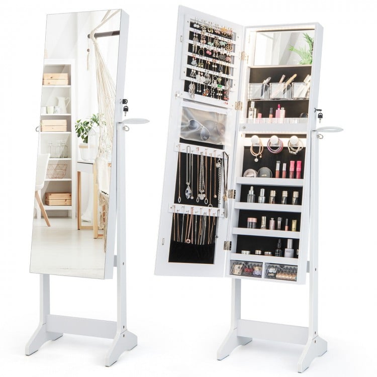 Freestanding jewelry cabinet in white with open door view, showcasing multiple storage partitions and adjustable LED.