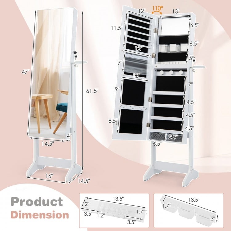 Freestanding jewelry cabinet with full-length mirror, LED lights, and ample storage, ideal for organizing accessories.