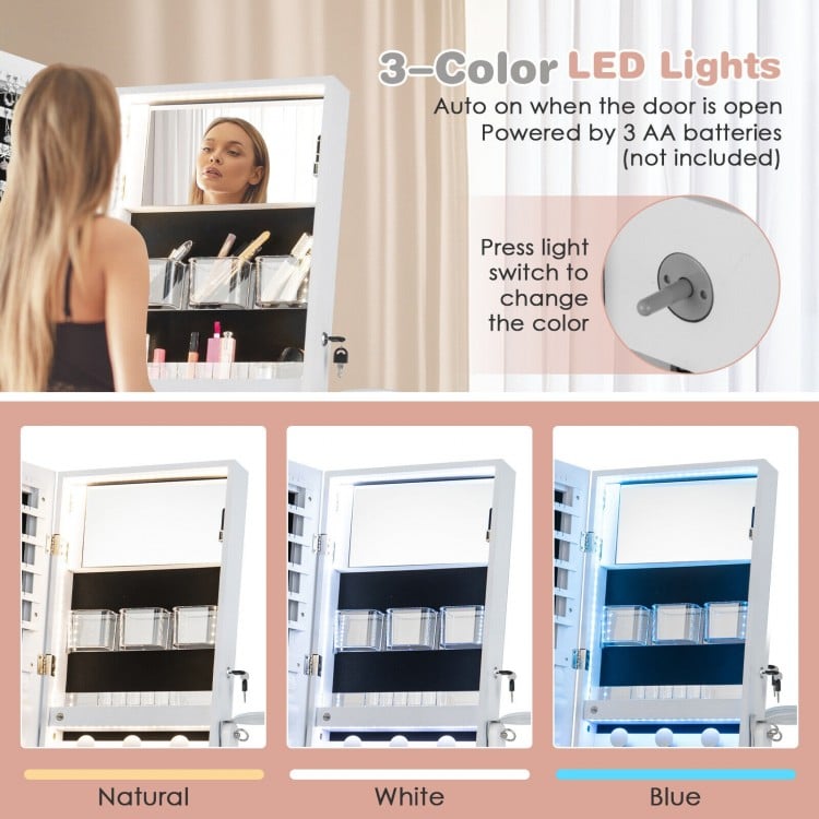 Freestanding jewelry cabinet in white with full-length mirror and auto-on LED lights, featuring ample storage space.