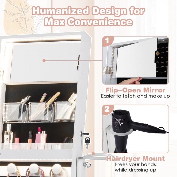 Freestanding jewelry cabinet in white with full-length mirror, LED lights, and hairdryer mount for convenient storage.