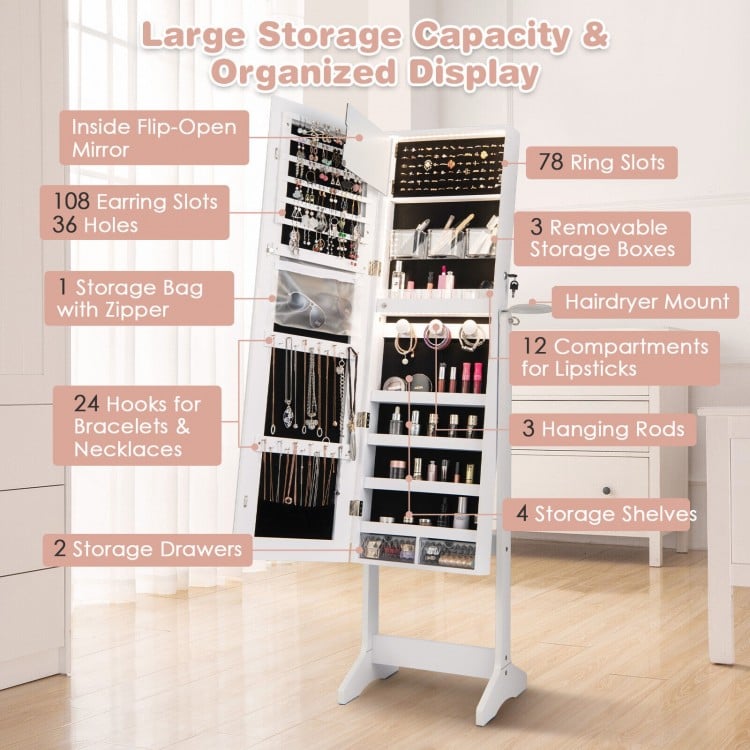 Freestanding jewelry cabinet in white with full-length mirror, LED lights, and ample storage for jewelry and.