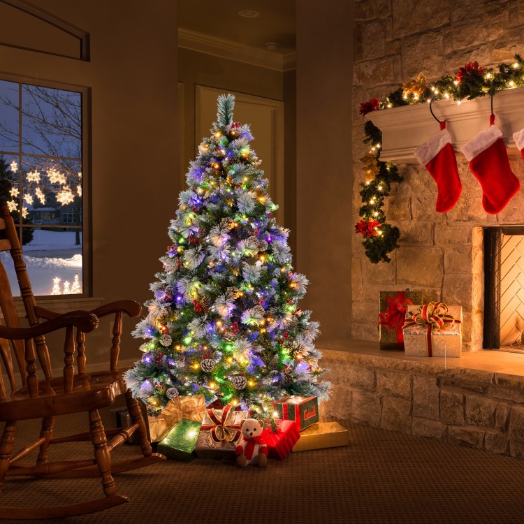 6 feet pre-lit artificial Christmas tree with 350 LED lights, decorated with pine cones and red berries, perfect for.