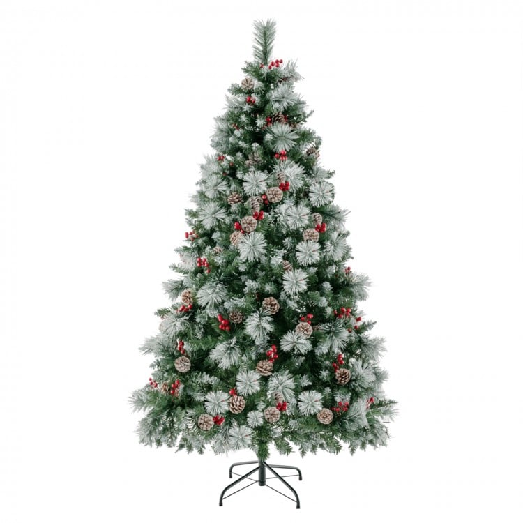 6-foot pre-lit artificial Christmas tree with 350 LED lights, decorated with pine cones and red berries for festive.