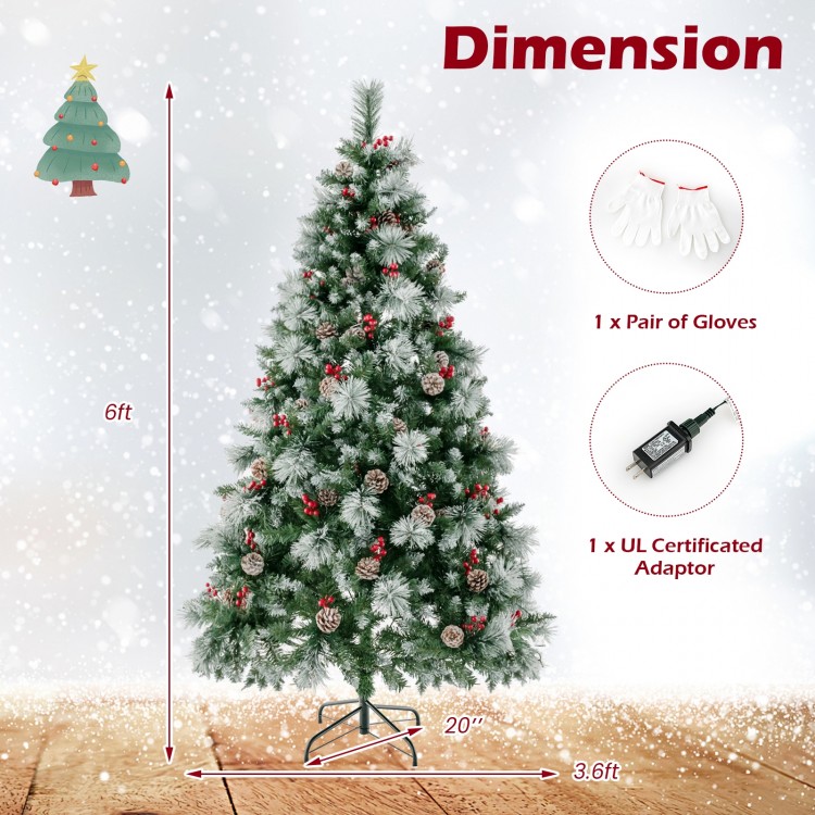 6-foot pre-lit artificial Christmas tree with 350 LED lights, featuring pine cones and red berries, ideal for festive.