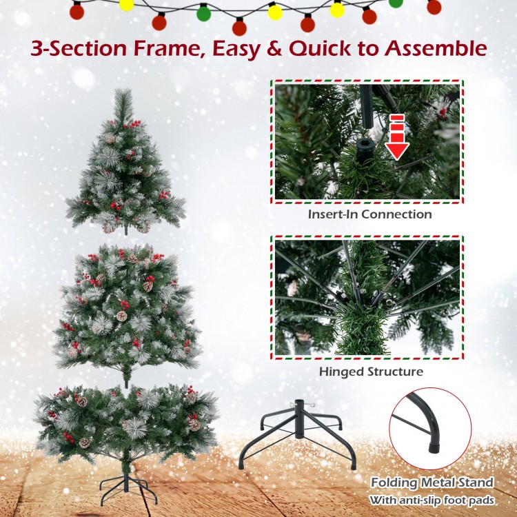 6-foot pre-lit artificial Christmas tree with 350 LED lights, featuring a hinged structure and realistic snowy pine.