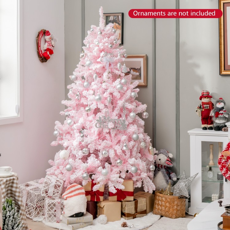 Pink 6 FT flocked artificial Xmas tree with 350 LED lights, perfect for festive decoration in any space.