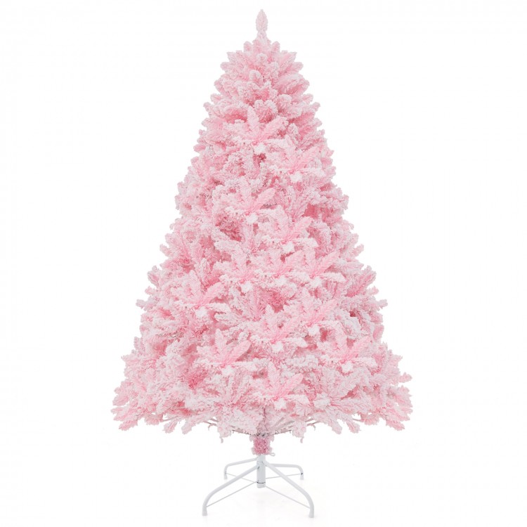 Pink 6 FT flocked artificial Xmas tree with 350 LED lights, featuring lush branches and a hinged design for easy setup.