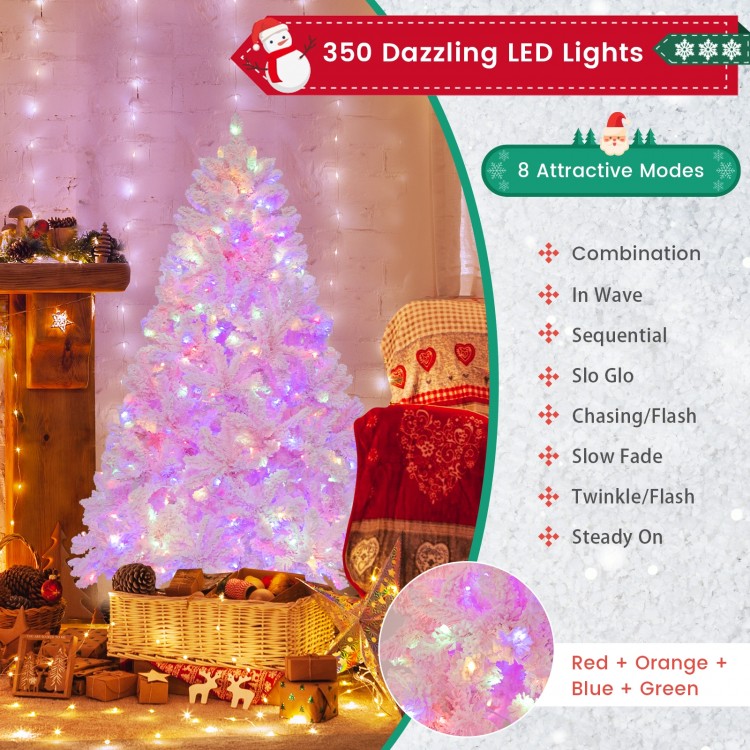 Flocked 6 FT artificial Xmas tree with 350 LED lights in red, orange, blue, and green, perfect for festive decoration.