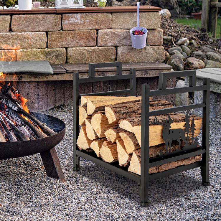 Metal firewood rack with dual handles, featuring a moose design, for tidy outdoor storage and easy movement.
