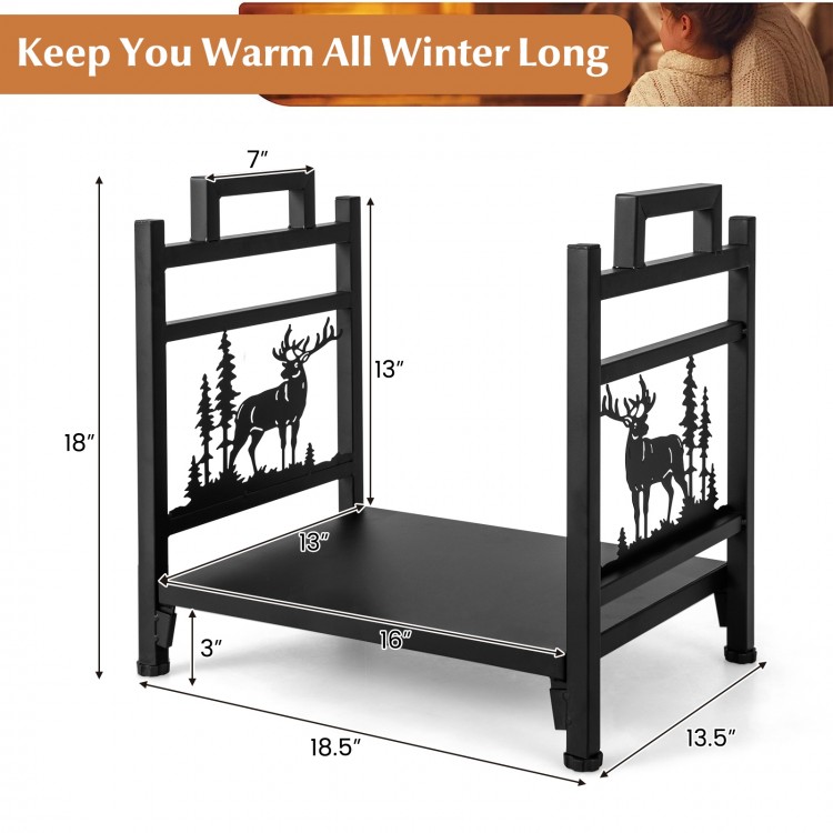 Metal firewood rack with dual handles, 18.5 inches, featuring moose design, for tidy indoor or outdoor wood storage.