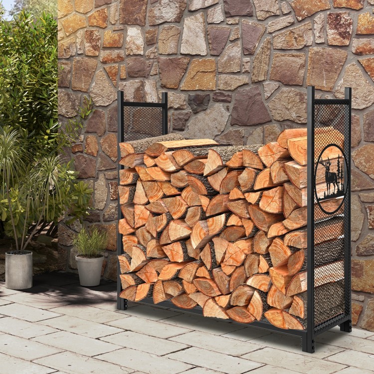 4 feet firewood rack stand with mesh sides, featuring a deer design, for organized indoor and outdoor firewood storage.