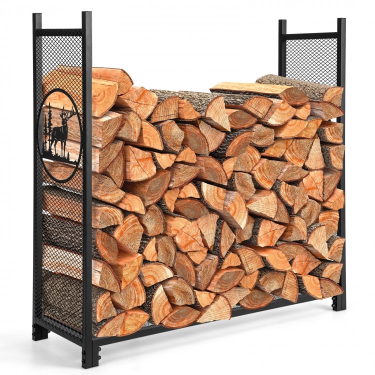 Firewood rack stand with mesh sides, powder-coated for rust resistance, elevates wood for better air circulation.