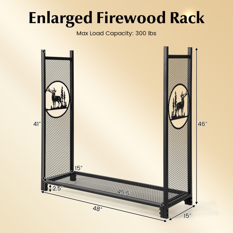 4 feet firewood rack stand with mesh sides, powder-coated for rust resistance, perfect for indoor and outdoor use.