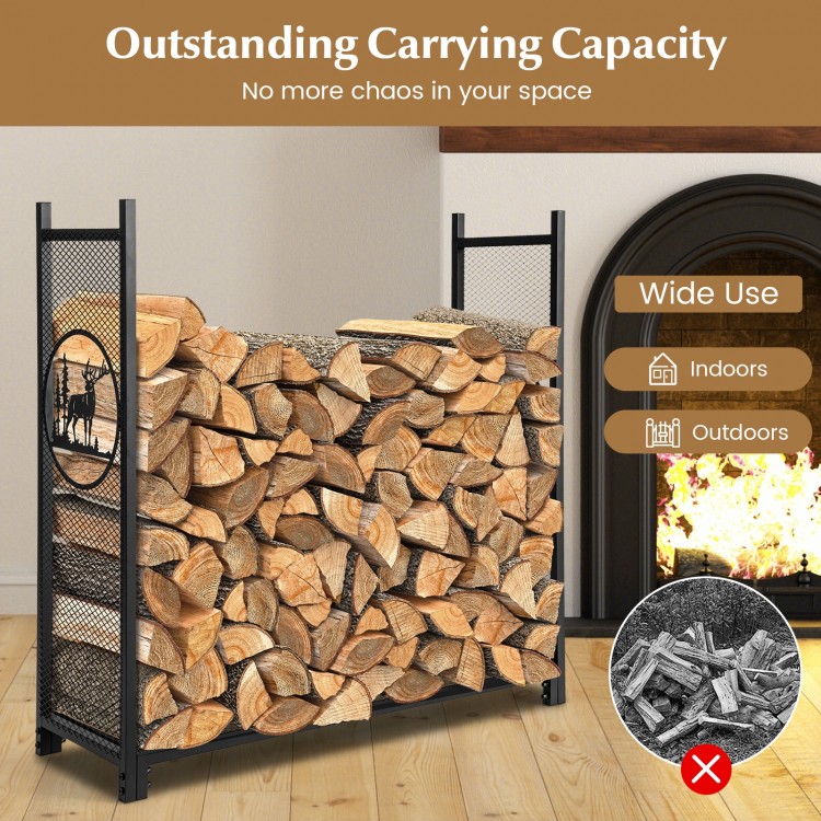 Firewood rack stand with mesh sides and high sides, designed for stability and storage of small firewood indoors or.