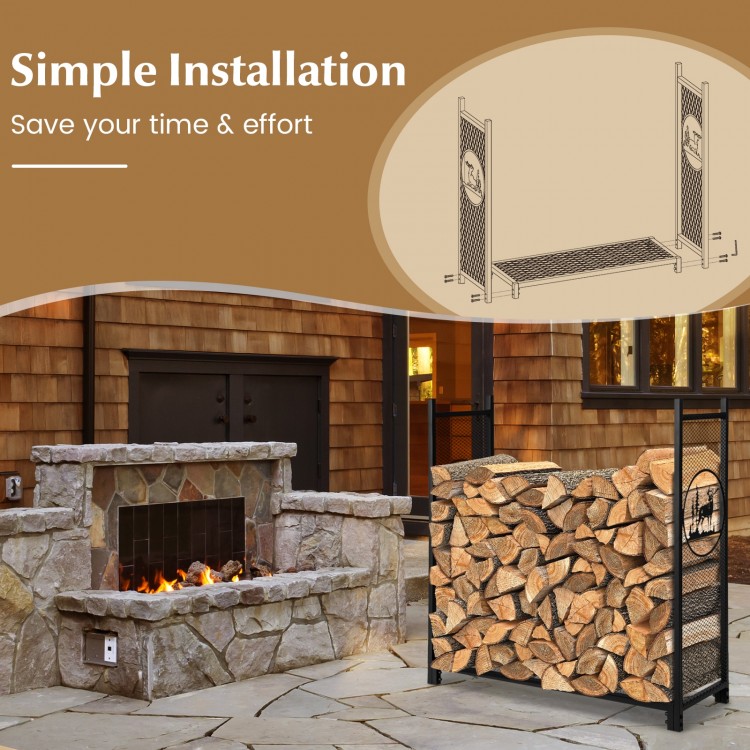 Detailed installation guide for the 4 feet firewood rack stand with mesh sides, ensuring easy and quick setup.