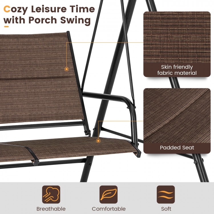 Brown 2-person porch swing with padded seat and adjustable canopy, perfect for outdoor relaxation on the patio or yard.