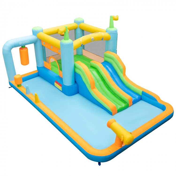 Giant inflatable water slide for kids featuring dual slides, splash pool, and bounce house for outdoor fun.