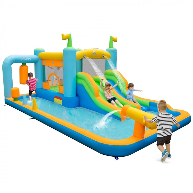 Giant inflatable water slide for kids with dual slides, splash pool, and safety features for outdoor fun.