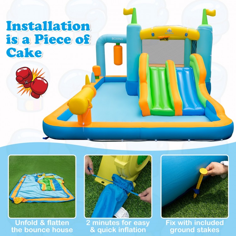 Giant inflatable water slide for kids aged 3-10, showcasing the smooth sprinkler and elevated handrails for safety.