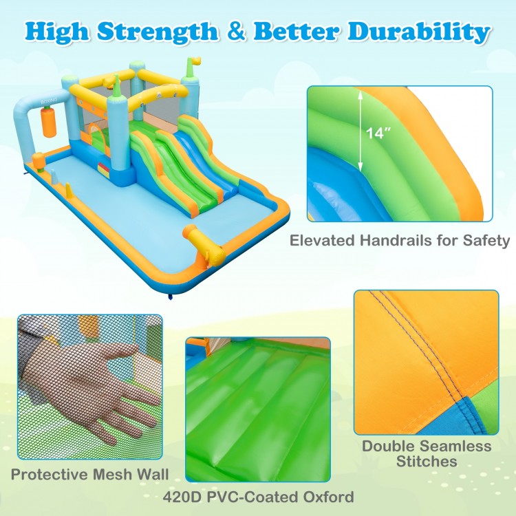 Giant inflatable water slide for kids featuring dual slides, protective mesh wall, and elevated handrails for safety.
