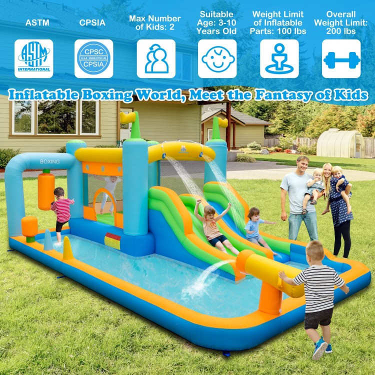 Giant inflatable water slide for kids aged 3-10, featuring dual slides, splash pool, and safety mesh walls for outdoor.