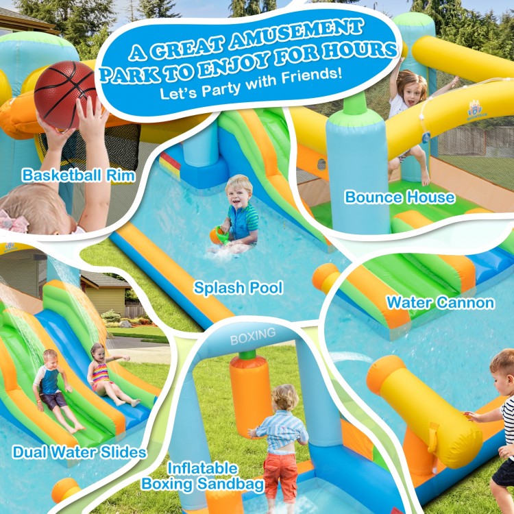Giant inflatable water slide featuring dual slides, splash pool, basketball rim, and boxing sandbag for outdoor fun.