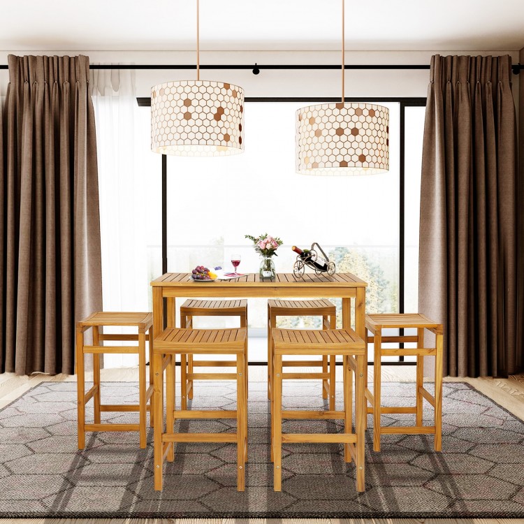 Rectangular acacia wood bar height table with spacious tabletop, perfect for dining and chatting in outdoor settings.