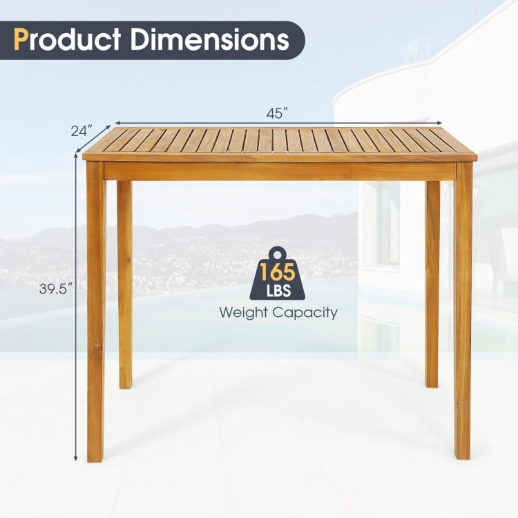 Rectangular acacia wood bar height table with dimensions 45” x 24” x 39.5”, perfect for outdoor dining and gatherings.