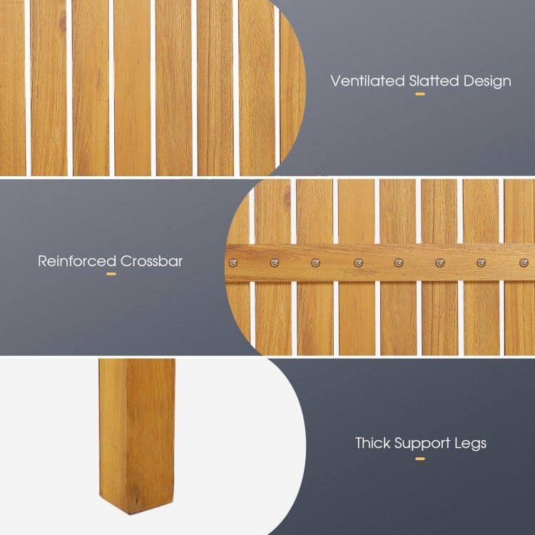 Reinforced crossbar and thick support legs of the acacia wood bar height table for outdoor dining and gatherings.