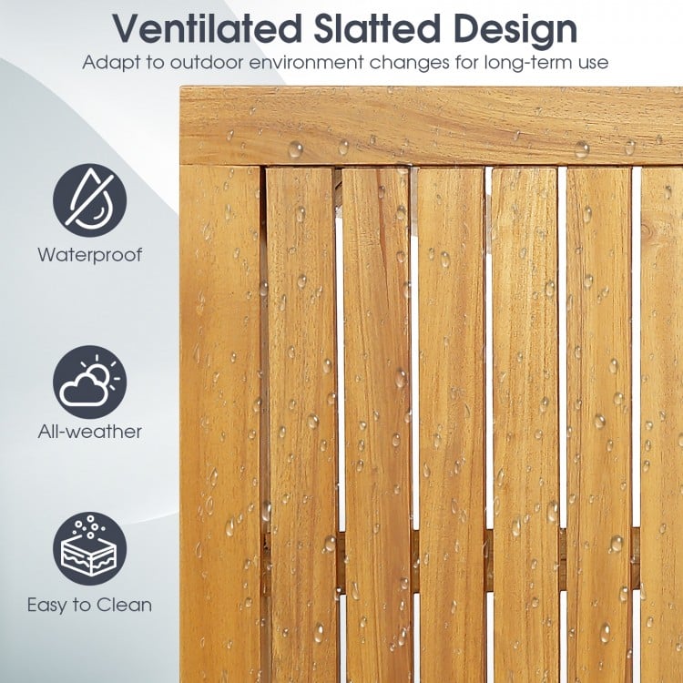 Close-up of the ventilated slatted design of the acacia wood bar height table, ideal for outdoor use and easy to clean.