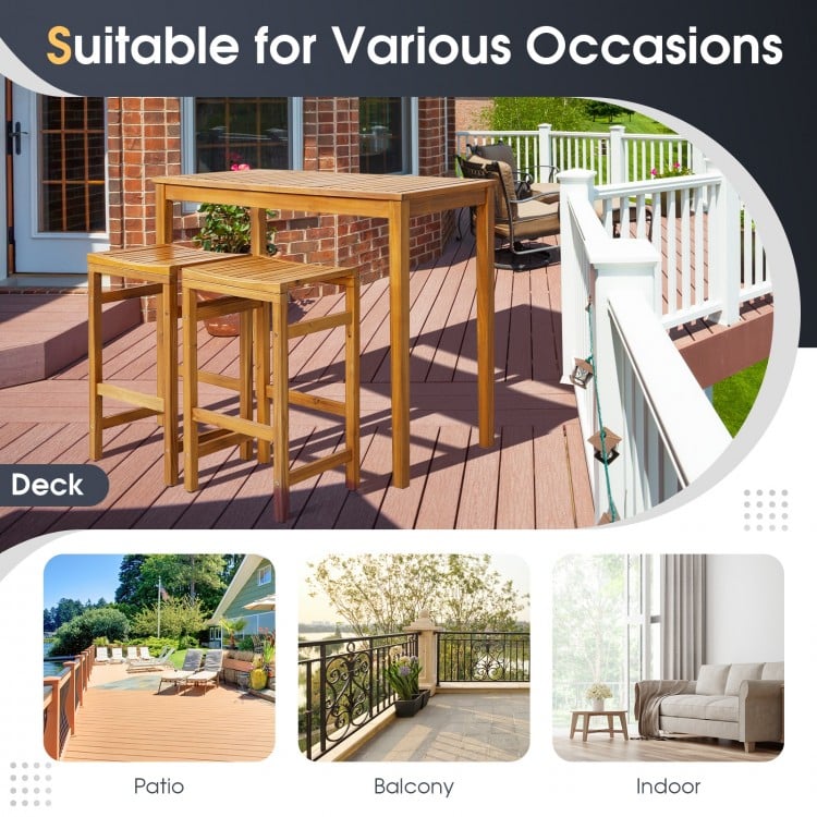 Rectangular acacia wood bar height table for outdoor dining and gatherings, suitable for patio, deck, and balcony use.