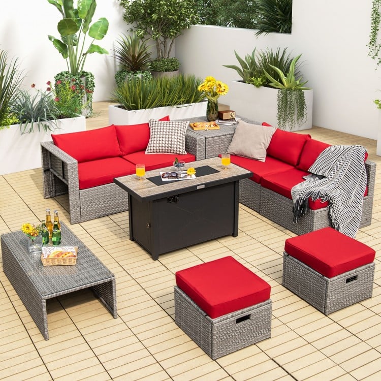 9-piece patio furniture set featuring red cushions, hand-woven PE wicker, and a fire pit for outdoor relaxation.