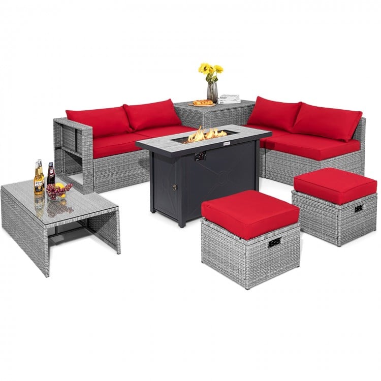 9-piece patio furniture set featuring a fire pit, red cushions, and hand-woven PE wicker for outdoor relaxation.