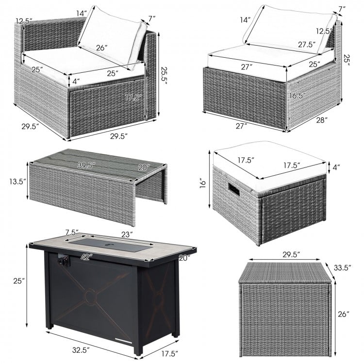 9-piece patio furniture set featuring a fire pit table, hand-woven PE wicker, and soft padded cushions for outdoor.