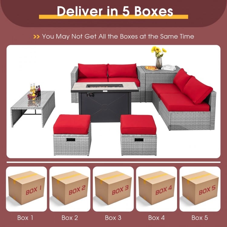 9-piece patio furniture set featuring red cushions and a 42-inch fire pit, ideal for outdoor gatherings and warmth.
