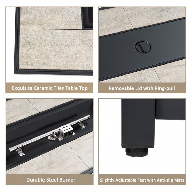 Close-up of the durable steel burner and removable lid with ring-pull on the fire pit tabletop of the patio furniture.