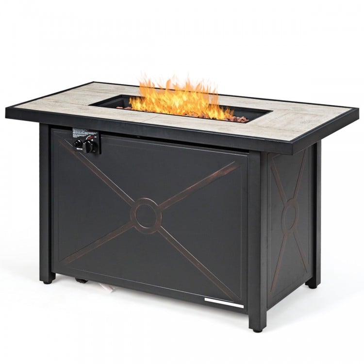 Fire pit table featuring a heat-resistant ceramic top and 60,000 BTU output, perfect for outdoor gatherings.