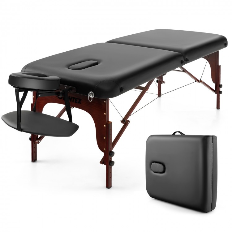Folding massage table in black with height-adjustable beech wood frame, memory foam padding, and carrying bag for easy.
