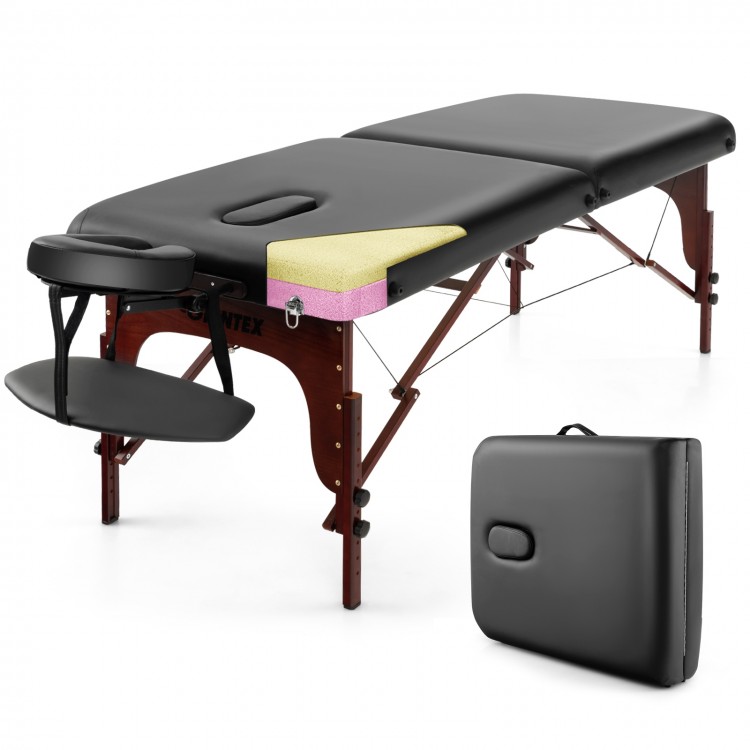 Folding massage table with adjustable beech wood frame, black PU leather, and memory foam for ultimate comfort.