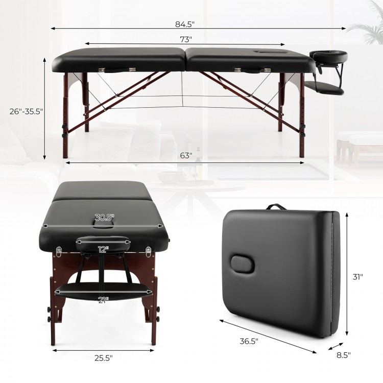 Folding massage table with height-adjustable beech wood frame, black PU leather, and memory foam for ultimate comfort.