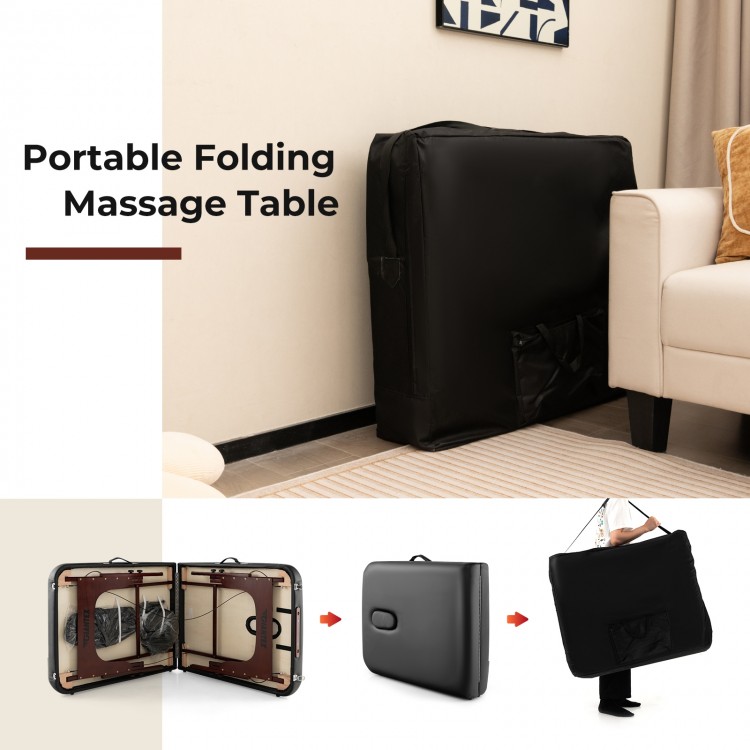 Folding massage table in black with beech wood frame, adjustable height, and memory foam for ultimate comfort.